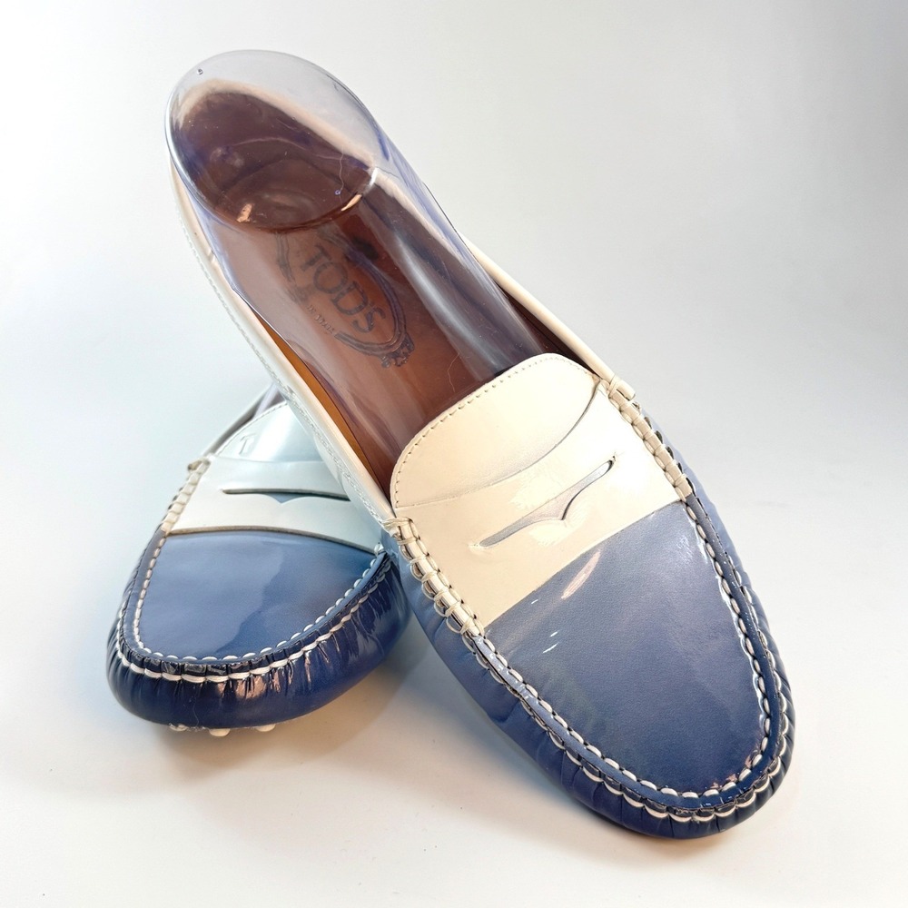 Tods Womens Gommino Ombre Leather Driving Loafers Blue White Size 39.5 Italy